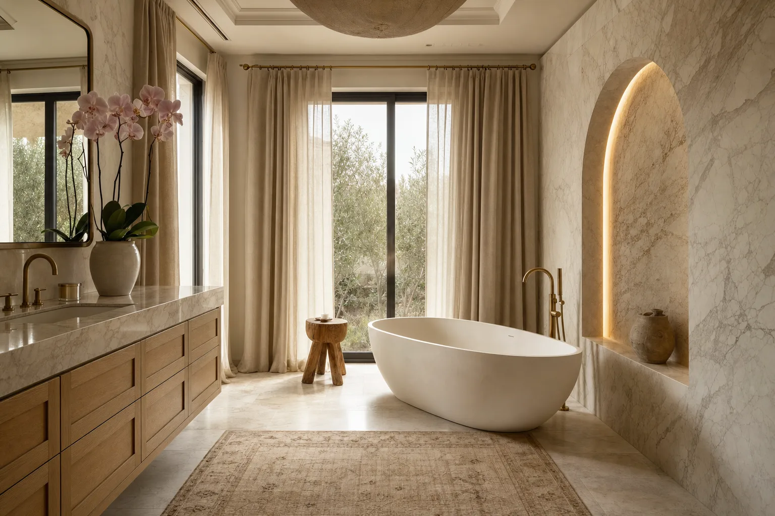 Bryn Mawr primary bathroom with book-matched stone walls and a freestanding tub