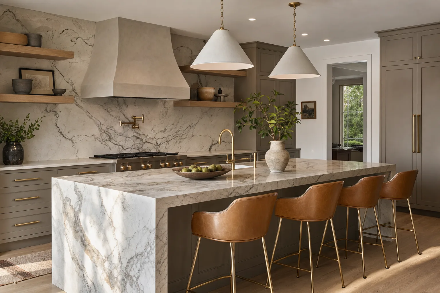 Renovated Gladwyne kitchen with marble island, custom cream cabinetry, and brass fixtures