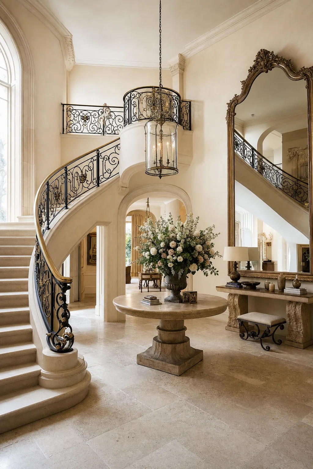 Moorestown entry and staircase with a custom runner, lantern, and warm millwork
