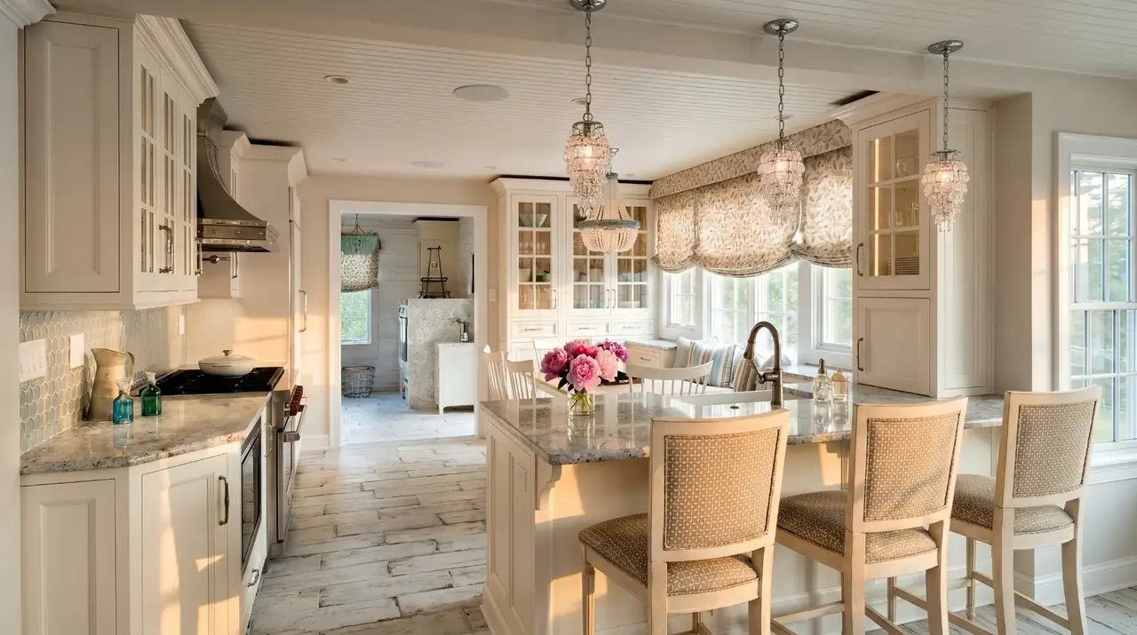 Golden-hour luxury kitchen with marble island, custom cream cabinetry, crystal pendants, and brass fixtures on the Main Line