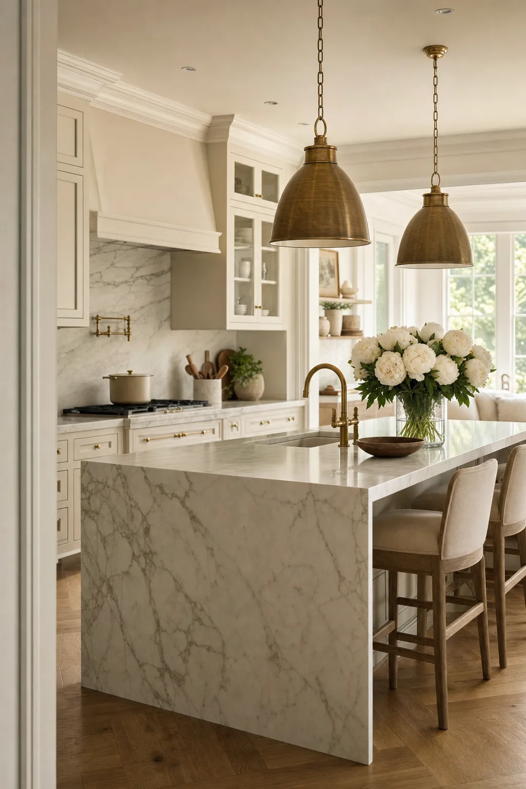 Light-filled luxury kitchen with marble island, custom cabinetry, and brass fixtures on the Main Line