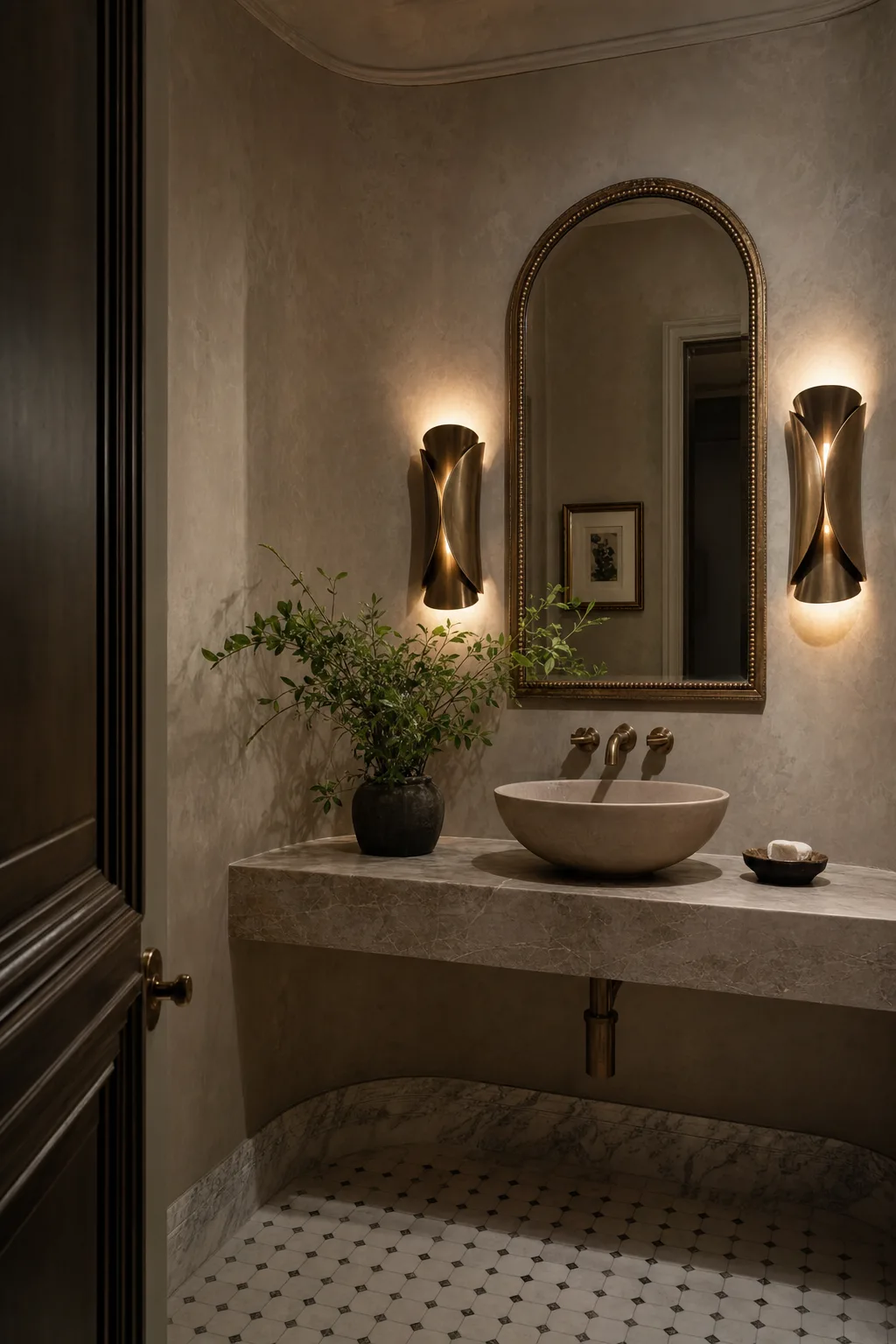 Haddonfield powder room with dramatic veined stone and a brass wall sconce