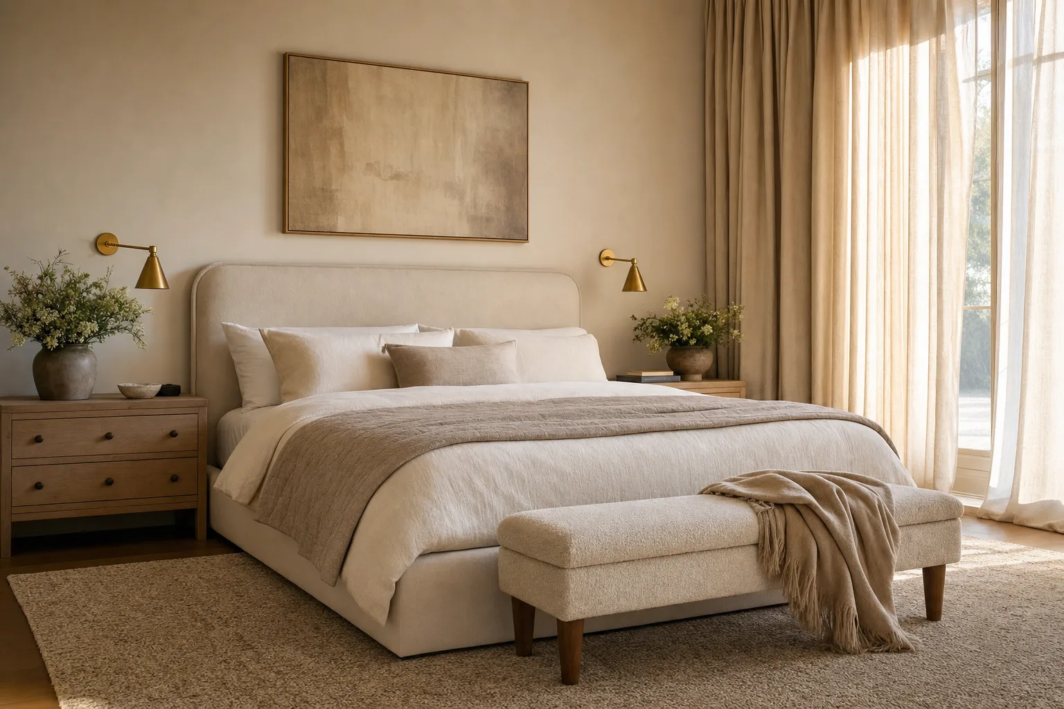 New Hope primary suite with layered lighting, soft textiles, and a serene palette
